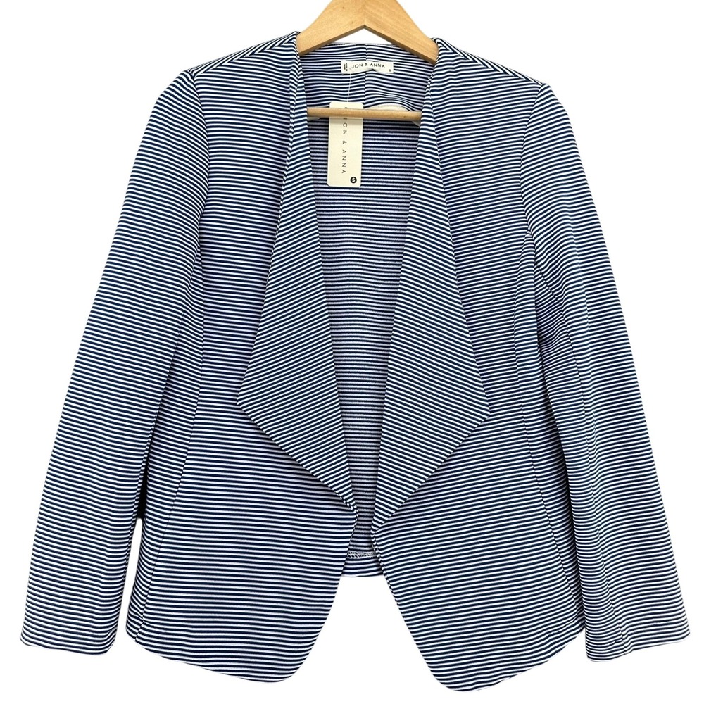 JON & ANNA Striped Blazer Open Front Draped Collar Cardigan Navy White SZ S